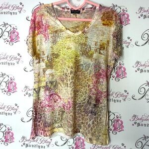 Essentials Milano tshirt cheetah print floral light weight flower rhinestone Top